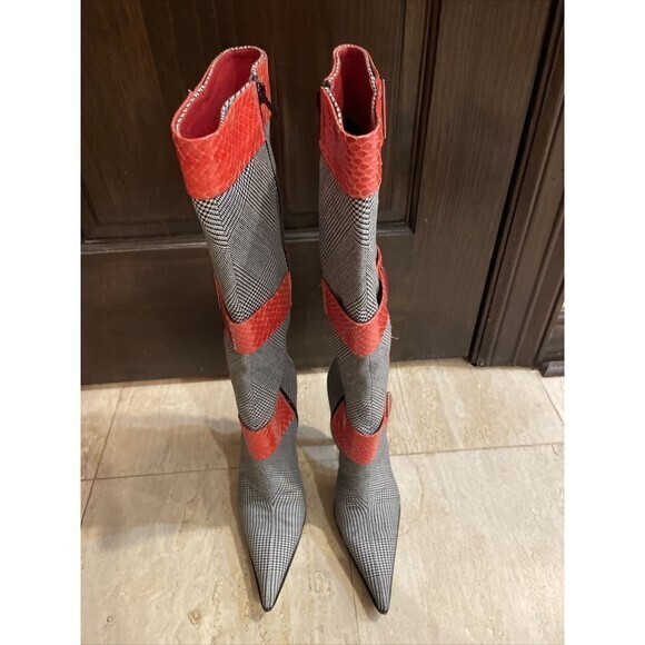 Casadei Knee High Stiletto boots Plaid Fabric with Red Textured Leather Trim 6.5 - Picture 2 of 11